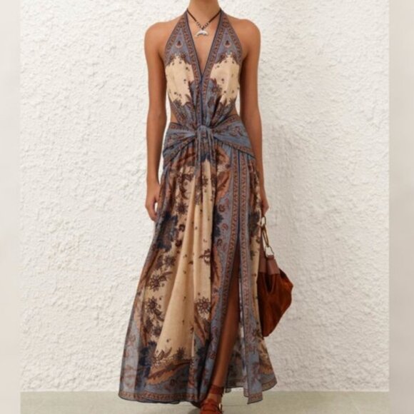 Zimmerman Blue Cream Floral Ascension Plunge Halter Maxi - Picture 1 of 13